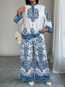 Elenzga 加大码女式衬衫长袖圆领纽扣领定位印花和直筒裤优雅休闲装 - 彩色 - 查看 3