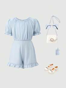 Young Girl Countryside Style Backless Bowknot Decor Puff Sleeve Jumpsuit, Spring/Summer - Blue - View 3