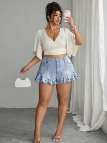 Elenzga Plus Size Women's Casual Non-Stretch Denim Shorts, Summer - Medium Wash - View 1