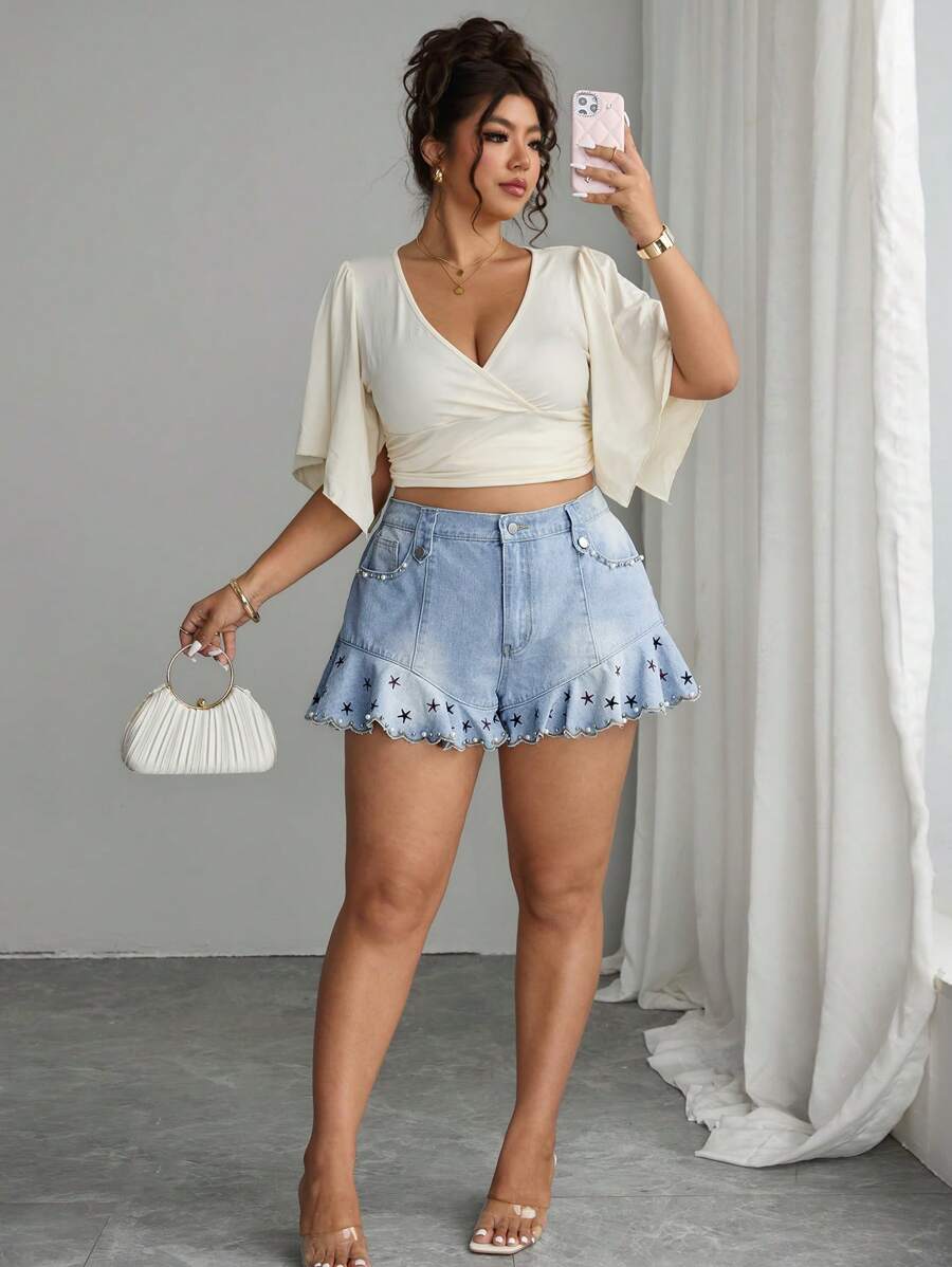 Elenzga Plus Size Women's Casual Non-Stretch Denim Shorts, Summer - Medium Wash - View 1