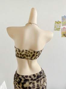 SHEIN WYWH 女士度假性感豹纹抹胸海滩金属贝壳装饰侧高腰镂空连衣裙，适合派对、约会、下午茶、波西米亚风格 - 棕色 - 查看 7