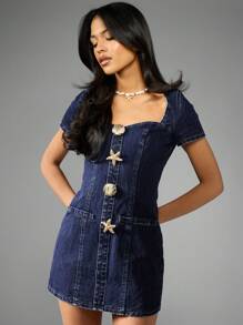 MISSGUIDED 迷你牛仔连衣裙贝壳和金色纽扣设计后拉链夏季时尚修身廓形派对俱乐部连衣裙 - 深色水洗藍 - 查看 6