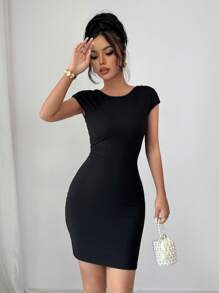 Elenzga Đầm mini hở lưng trang trí ngọc trai thanh lịch hàng ngày - màu đen - Xem 6