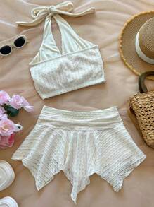 Elamini 2pcs Set Women's Beige Textured Fabric Halter V-Neck Fitted Tank Top & Asymmetric Hem Skirt, Vacation Beach Outfit - Apricot - View 2