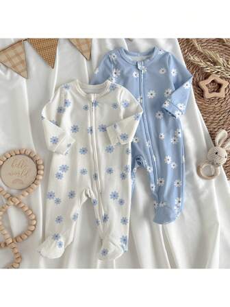 Loomiva Newborn Baby Girl 2pcs Set: Floral Print Soft Knit Crew Neck Long Sleeve Bodysuit And Pants Newborn Clothes Cotton Natural Baby Clothes Newborn