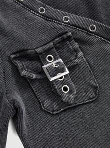 ROMWE Áo thun cổ tròn tay dài dệt kim cổ điển có túi ngực, màu than và đen, thích hợp cho lễ tốt nghiệp, lễ Phục sinh, hòa nhạc, kỳ nghỉ ở Nashville - màu đen - Xem 3