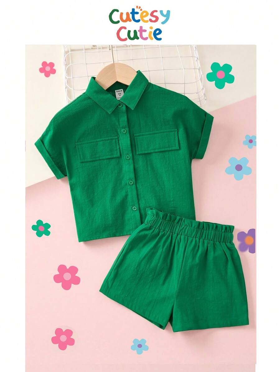 SHEIN 小女童翻蓋細節蝙蝠袖襯衫和紙袋腰短褲 - 綠色 - 查看 1