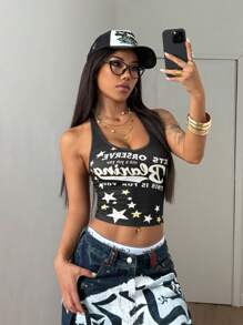 StreetHx 街头风格女式休闲运动字母和星星印花V领背心