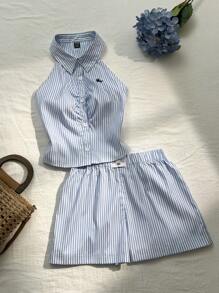 Elamini 2 件女式条纹印花无袖领绣花衬衫和松紧腰休闲短裤套装，春夏 - 藍白色 - 查看 1