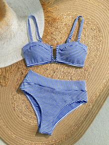 KARISMINA Conjunto de bikini a rayas, sexy y de verano para mujer - azul real - Ver 4