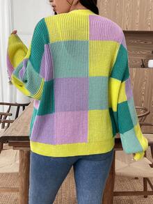 EMERY ROSE Plus Size Women Loose Casual Patchwork Cardigan Sweater Winter Fall Autumn