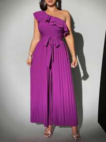 Viva Relle Plus Size Solid Color Asymmetrical Shoulder Backless Double Ruffle Asymmetrical Neck Sleeveless Pleated Elegant Jumpsuit - Purple - View 4