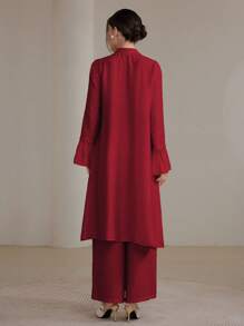 Graceveil 2pcs/Set Women Elegant Stand Collar Ruffle Cuff Long Sleeve Set Modest Fall Cloth For Women - Burgundy - View 2