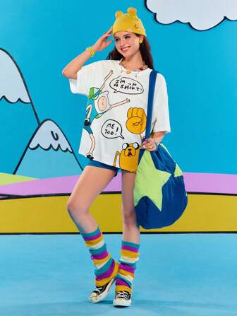 Adventure Time X ROMWE Damen süßes Cartoon Grafik 100% Baumwolle T-Shirt