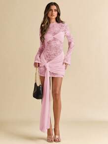 SHEIN BAE Váy Giáng sinh dài tay ren ren đỏ rượu gợi cảm, thích hợp cho câu lạc bộ, hẹn hò, đi chơi đêm, phù dâu cưới, tiệc trang trọng - Màu Hồng  San hô - Xem 5