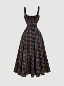 SHEIN MOD 格子吊带连衣裙女，休闲优雅收腰无袖连衣裙 - 彩色 - 查看 2