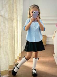 SHEIN Leap Crew Giovane Girl Blu per il ritorno a scuola, con fiocco casual a righe - Rosa - Visualizzare 4