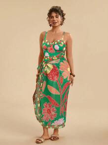 Travachic 大码假日休闲热带花卉印花细肩带泳衣 + 蝴蝶结腰带长款罩衫泳装 2 件套女式 - 綠色 - 查看 3