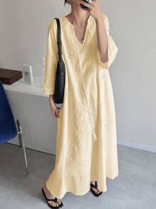 FRIFUL Váy dài chữ A thêu hoa thêu ren cho nữ, Váy nghỉ lễ thường ngày, Váy dự lễ tốt nghiệp lễ hội âm nhạc Váy vàng nhạt Váy vàng nhạt Váy Hàn Quốc cho nữ Váy kín đáo theo phong cách Nhật Bản, Váy mùa thu Váy thêu Váy dài tay - Vàng nhạt - Xem 2