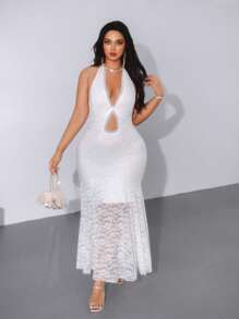 Viva Relle Plus Size Women's Lace-Up Hollow Patchwork Floral Trim Bodycon Spring/Summer Dress - White - View 5