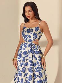 Almamuse Women Sleeveless Adjustable Strap Waist Hollow Out Floral Midi A-Line Dress - Blue - View 6