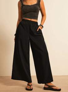 Freevana 大码白色纹理面料休闲阔腿裤，带口袋，适合海岛度假、情人节 - 黑色 - 查看 3