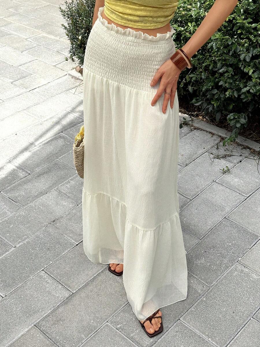 Rafferiza Women's Casual Textured Apricot Color Drawstring Waist Holiday Midi Skirt - Apricot - View 1