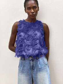 Maija Embroidered Purple Fabric Crew Neck Ruched Hem Feather Decor Casual Bohemian Style Loose Tank Top For Women, Comfortable Spring/Summer Beach Holiday Shoulder Showing Blouse Fringe Top Feather Top Ruffled Top Royal Blue Top Blue Fringe Top