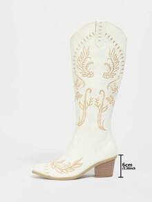 Daringsoles Women's Pointed Toe Chunky Heel Boots, Side Zipper Western Boots, Fall/Winter, PU Embroidered Knee High Casual Elegant Comfortable Riding Boots, White - White - View 3