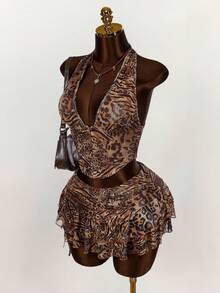 Amplova Women's Halter Backless Leopard Print Tank Top And Fashionable Low Waist Skirt Set - Multicolor - View 4