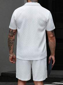 Manfinity CasualCool Men's High-End Knitted Diamond-Shaped Jacquard Solid Color Short-Sleeved Button Shirt Set,Men's Summer Grainy Lapel Neck Short Sleeve Shirt & Shorts Casual Set,Versatile Items For Daily Commuting, Travel, Vacation And Outings,Husband  And Boyfriend Gifts For Friends,Casual And Simple Style, Urban Mature Style, British Gentleman Style,Mens 2 Piece Outfits,Men 2 Piece Set,Men Summer Outfits