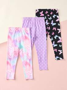 SHEIN Young Girl 3pcs/Set Knitted Solid Color Leggings With Heart And Butterfly Print, Casual Wear