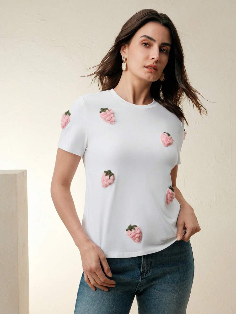 Anewsta 女士斜肩短袖T恤，3D草莓印花修身款，夏季 - 白色 - 查看 1