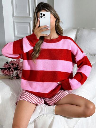 EURMUSE Women Red And Pink Stripe Detailed Oversize Sweater Striped Sweater Women Pink And Red Striped Sweater Womens Pullover Sweater Womens Jumper Sweater For Women Womens Striped Jumper