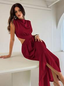 Aloruh 女士薄荷绿褶皱针织连衣裙，春夏 - 酒紅色 - 查看 1