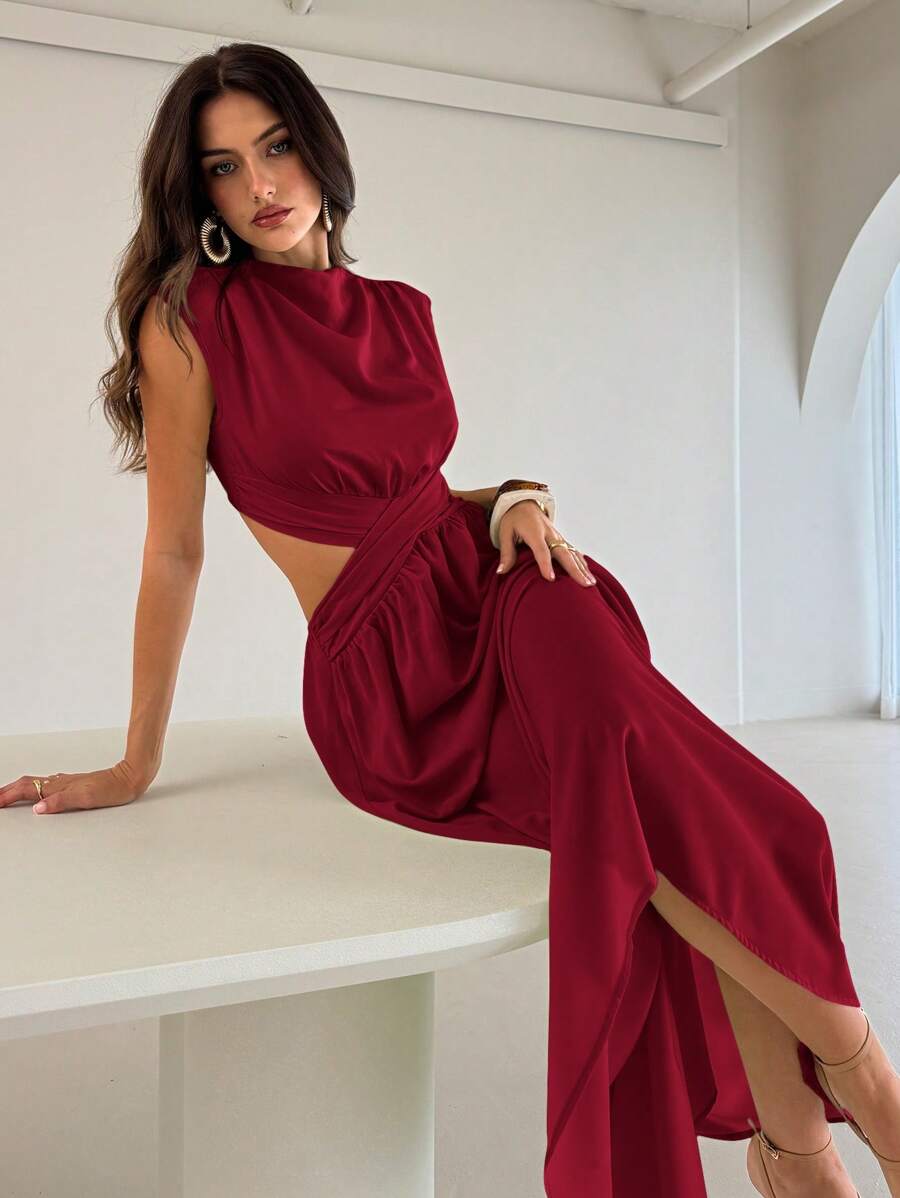 Aloruh 女士薄荷绿褶皱针织连衣裙，春夏 - 酒紅色 - 查看 1