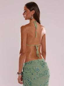 SHEIN BAE Top camisero de verano para mujer en color verde sólido con textura de lentejuelas, Top de tirantes swing, Top estampado de flores con lentejuelas macizas y cuentas, Top verde con cuentas - Verde - Ver 2