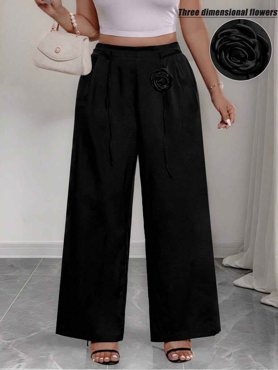 Elenzga Plus Size Women's French Black Slim Trousers, Three-Dimensional Flower Decoration Rope Matching, Business Exquisite Matching Fall Cloth For Women