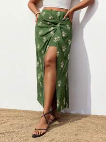 Maija Plus Size Women's Asymmetrical Print Green Twist Design High Waist Skirt, Comfortable Casual Versatile For Spring Summer, Festivals, Beach Women Summer Fall Women Autumn Back To School Homecoming Modest Vintage Women Old Money Teacher Skirt
