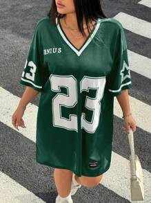 SHEIN EZwear V-Neck T-Shirt Dress With Letter Print, Plus Size,Back To School - Dark Green - View 5