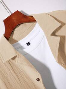 Manfinity RSRT 2件套男士夏季休闲纯色衬衫和短裤男两件套夏季男士度假短裤套装男士沙滩装套装男士两件套休闲短裤套装 - 杏色 - 查看 4