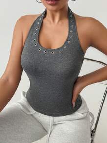 DAZY Top de tirantes con escote halter con decoración de remaches para mujer, ideal para verano y uso al aire libre - Gris - Ver 4