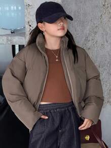 DAZY Abrigo corto acolchado de invierno de unicolor holgado con capucha para niñas preadolescentes