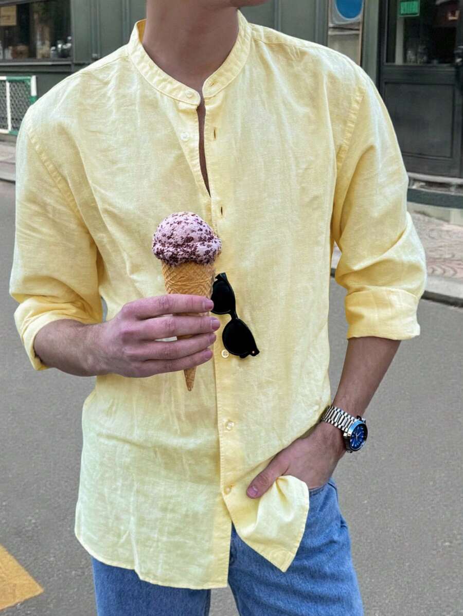 Manfinity Dauomo Áo sơ mi nam tay dài hở vai màu trơn, đơn hàng thường ngày, mùa hè - Màu vàng - Xem 1