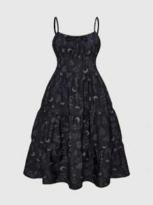 ROMWE Goth 大码女式夏季海滩波西米亚风假日新月与植物复古全印花无袖连衣裙 - 黑色 - 查看 5