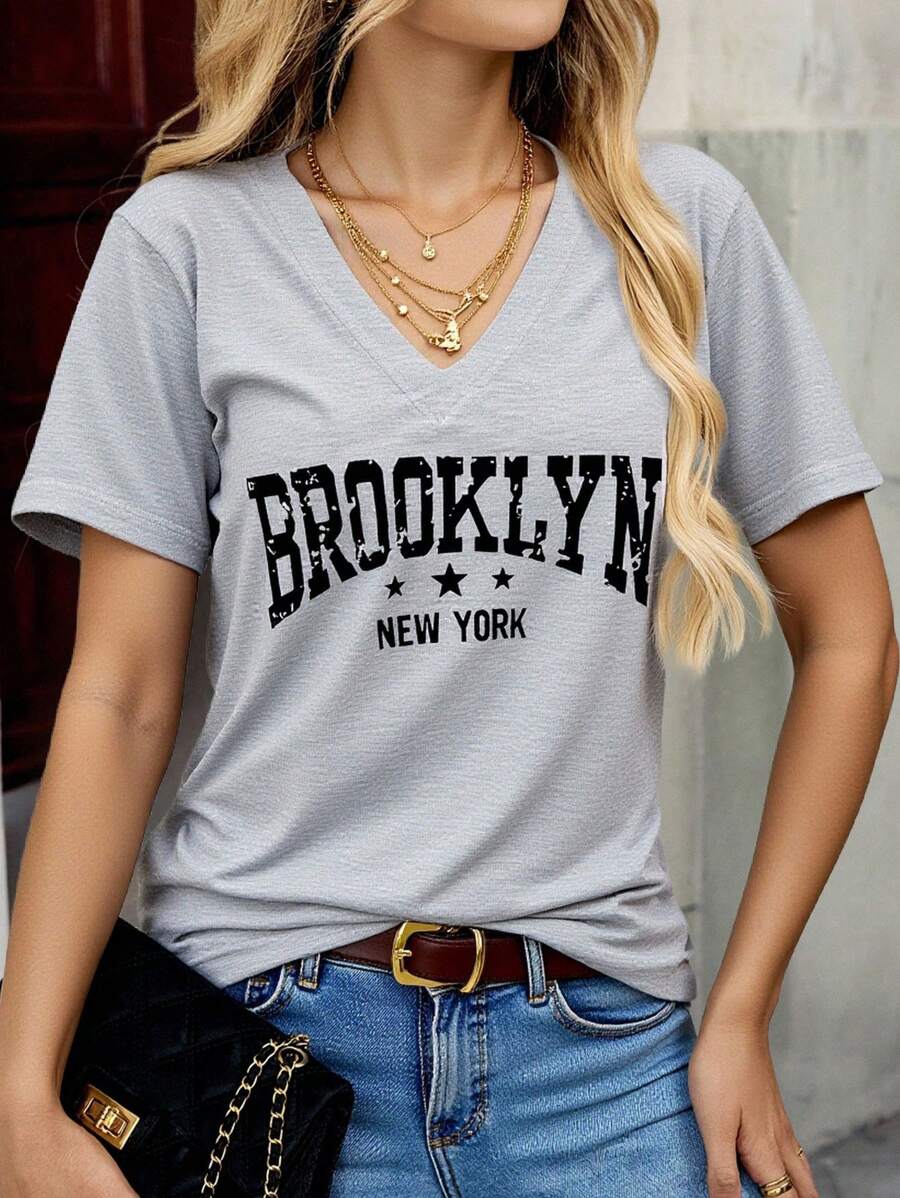 INAWLY 字母印花 V 领短袖 T 恤图案 T 恤女式上衣 - 淺灰色 - 查看 1