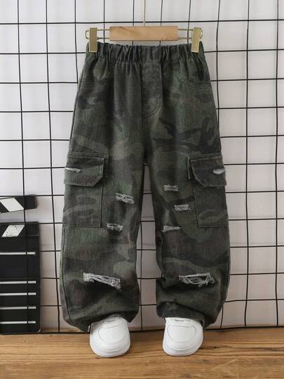 Young Boys Vintage Military Green Washed Denim Cargo Pants, Multi-Pocket Distressed Straight Loose Fit, Comfortable Soft Fabric, Fashionable Casual Camo Cargo Pants