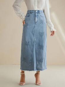 Anewsta Fashionable Women's Embroidered Denim Mini Skirt - Blue - View 5