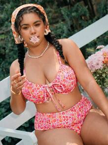 Swim Mod Plus Size Women's Ditsy Floral Tankini Top, Padded & Push-Up For Summer Beach Vacation