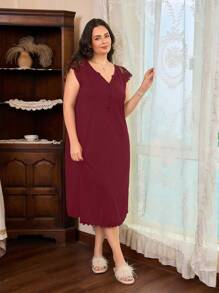 Côtesoire Romantic V-Neck Lace Patchwork Women's Casual Nightgown - Burgundy - View 6